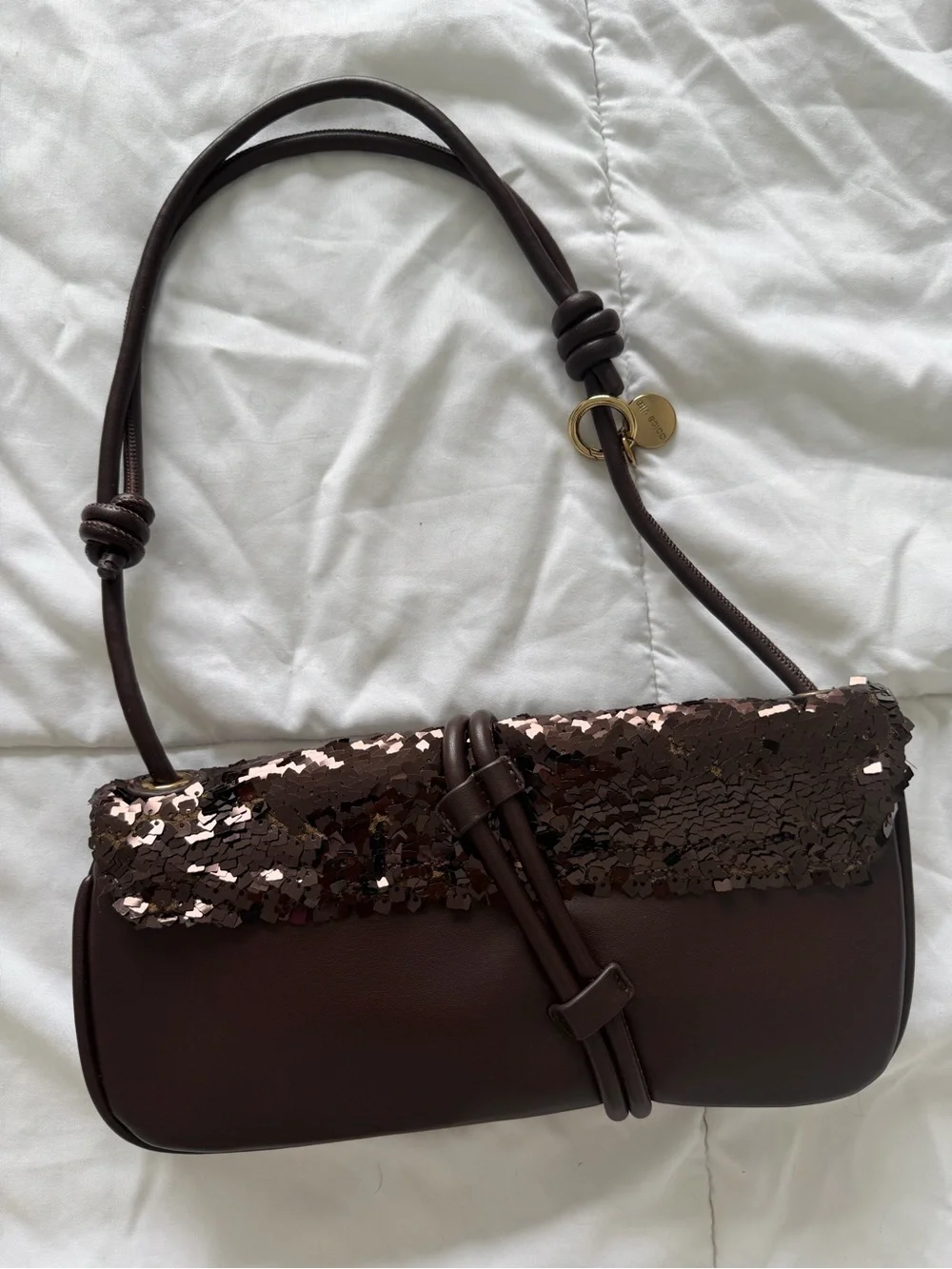 Dolce Vita Brown Sequin Shoulder Bag with Gold Hook